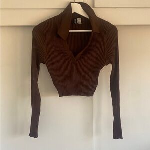 H&M Brown Collared V-Neck Crop Blouse